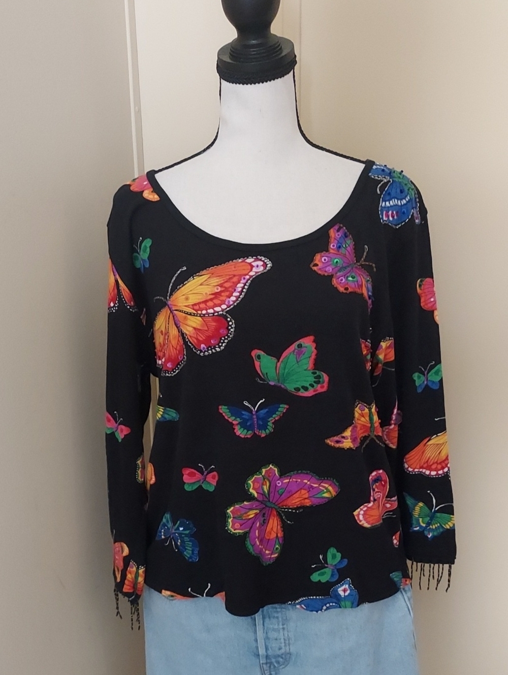 Jane Ashley Black Long Sleeve Butterfly Print Top